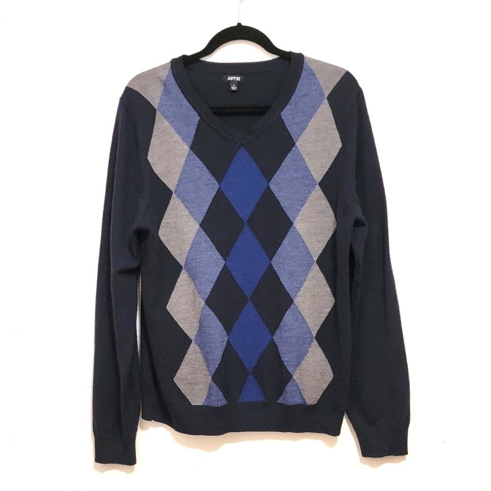 Mens V-Neck Argyle Apt. 9 Sweater Wool Acrylic Navy Gray Pullover  L